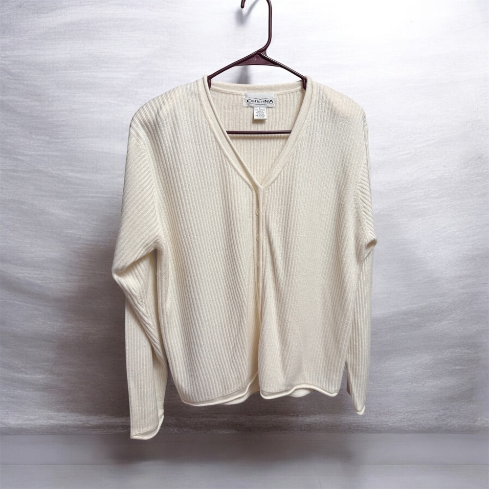 Vintage Cristina Button Up Ribbed Knit Cardigan Sweater Long Sleeve White Large